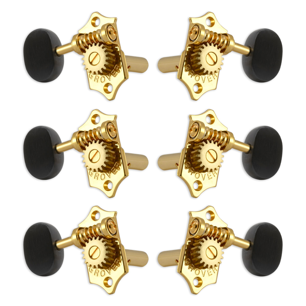 Grover STA-TITE Machineheads ~ 3+3 ~ Horizontal ~ Gold ~ Ebony Buttons