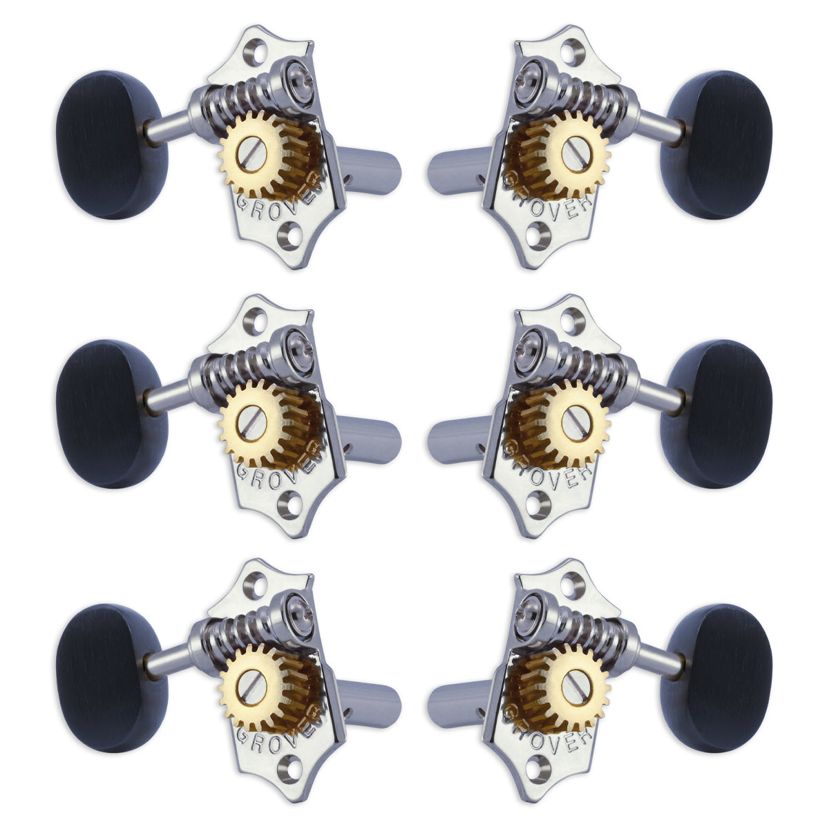 Grover STA-TITE Machineheads ~ 3+3 ~ Horizontal ~ Chrome ~ Ebony Buttons