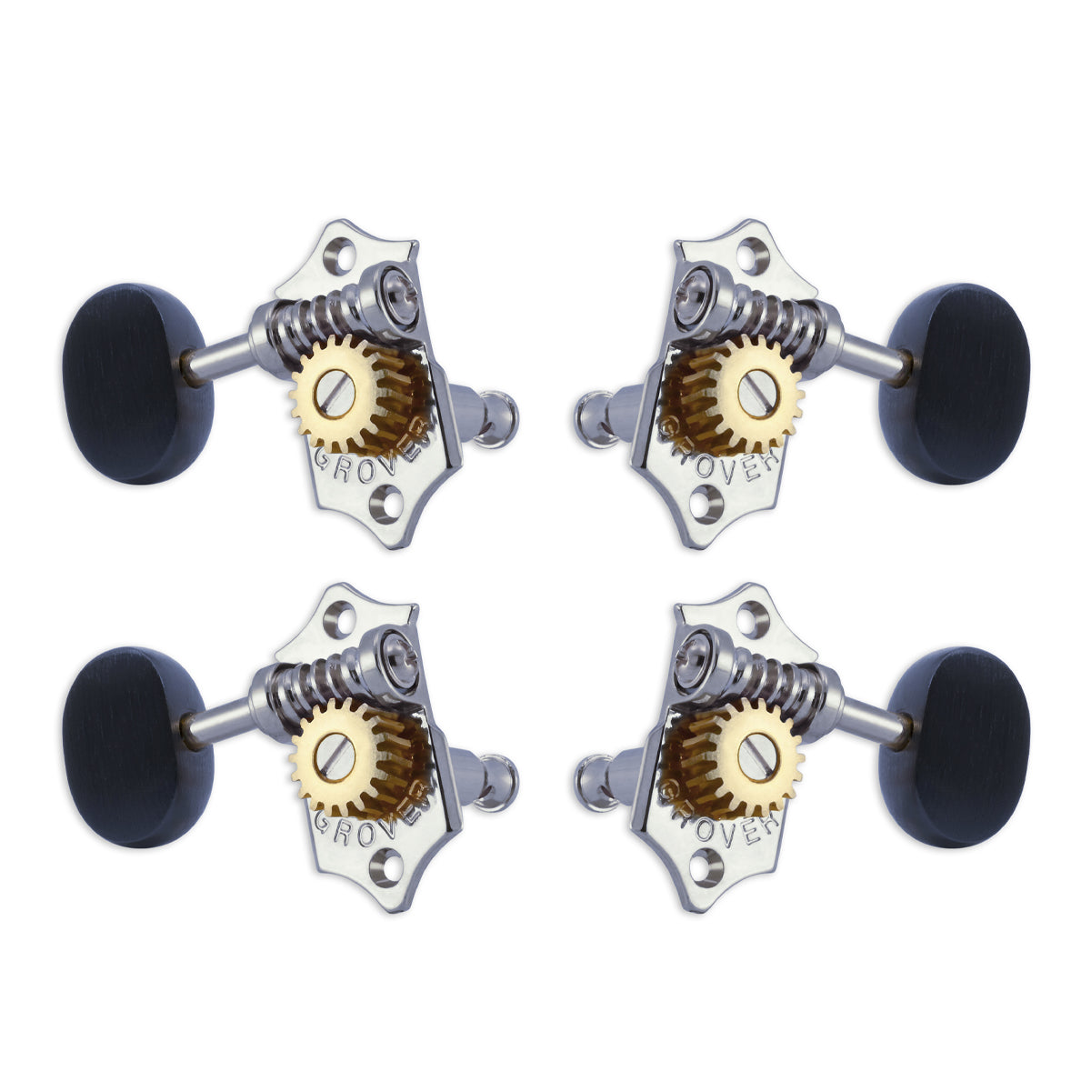 Grover U98 Series Sta-Tite Geared Ukulele Pegs (Set of 4) ~ Chrome ~ Ebony Buttons