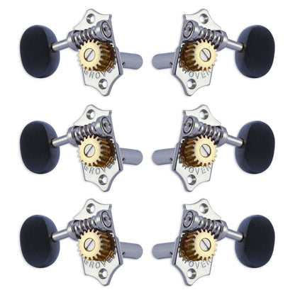 Grover STA-TITE Machineheads ~ 3+3 ~ Horizontal ~ Chrome ~ Ebony Buttons